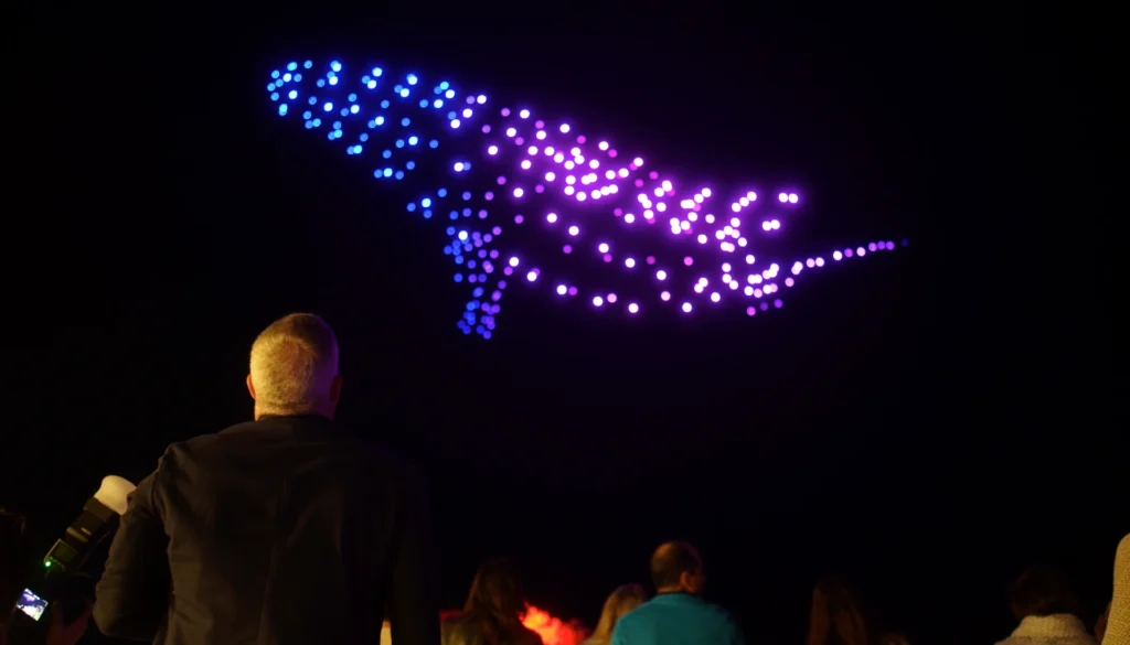 fotógrafo observando drones haciendo una ballena 
