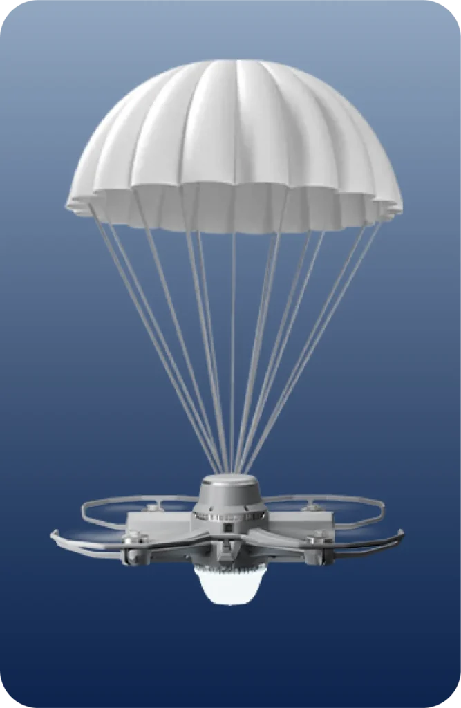a white drone with a parachute